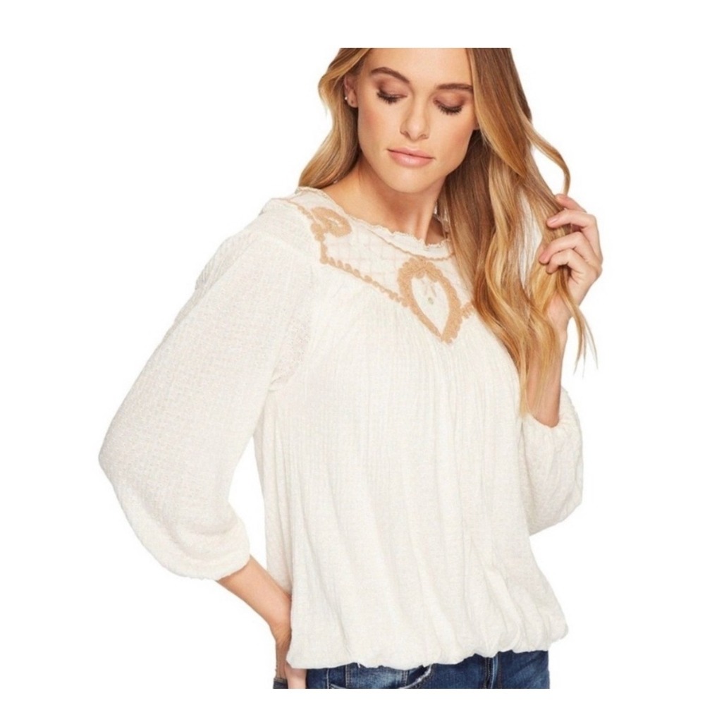 Free People Begonia Embroidered Blouse White Mauve Boho Smocked Small